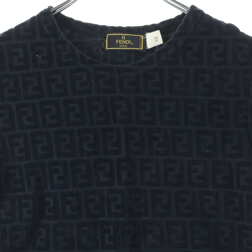 FENDI(フェンディ) ズッカ柄 ショート丈 クルーネック 半袖Tシャツ カットソー ブラック レディース