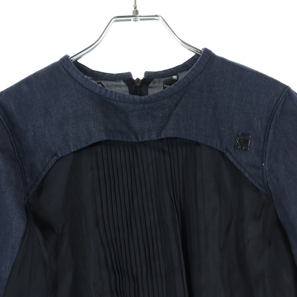 G-STAR RAW(ジースターロウ) メタルロゴ デニム切り替え 七分丈Tシャツ インディゴ レディース
