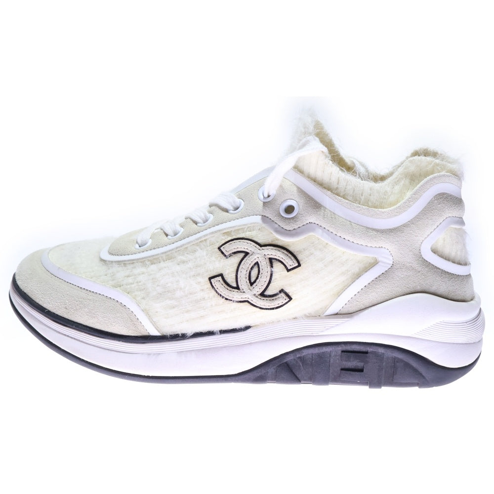 CHANEL(シャネル) ココマーク ワッペンロゴ スエードレザー シャギーニット レースアップ ローカットシューズ スニーカー ホワイト/アイボリー レディース G35202