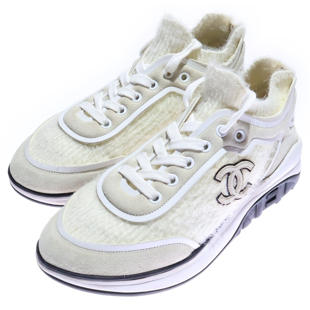CHANEL(シャネル) ココマーク ワッペンロゴ スエードレザー シャギーニット レースアップ ローカットシューズ スニーカー ホワイト/アイボリー レディース G35202