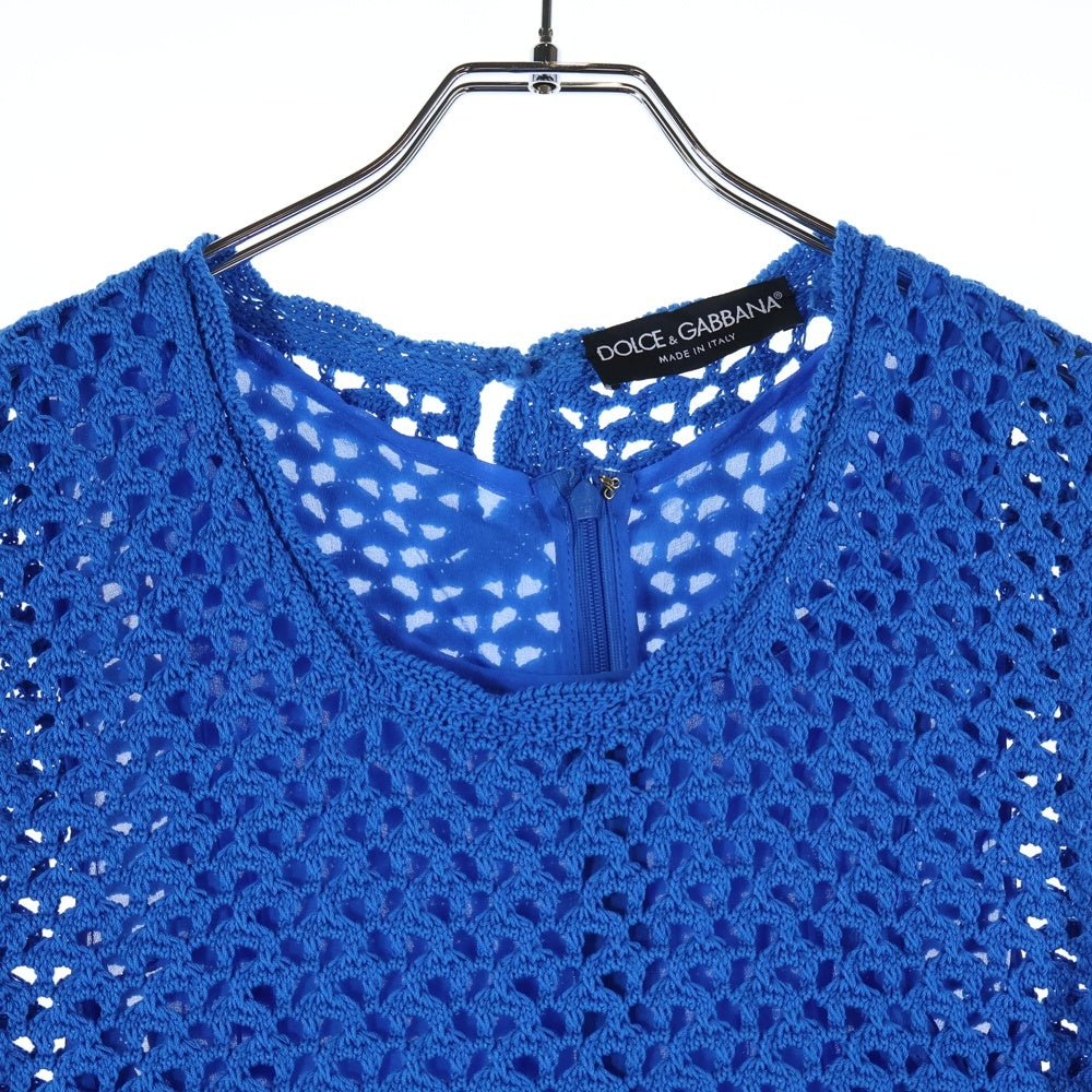 DOLCE & GABBANA(ドルチェアンドガッバーナ) メッシュステッチクロシェニット ノースリーブワンピース ミニドレス ブルー KD FXL43T レディース