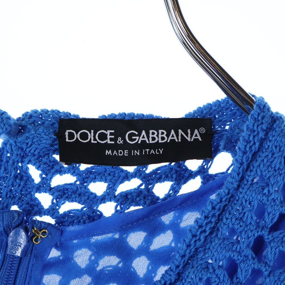 DOLCE & GABBANA(ドルチェアンドガッバーナ) メッシュステッチクロシェニット ノースリーブワンピース ミニドレス ブルー KD FXL43T レディース