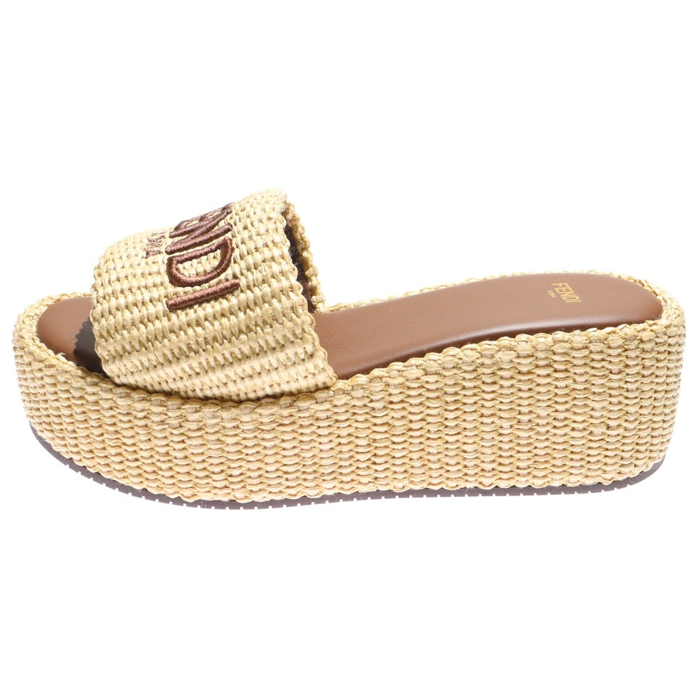 FENDI(フェンディ) サンシャインファブリック ロゴ刺繍 厚底スライドサンダル ベージュ レディース