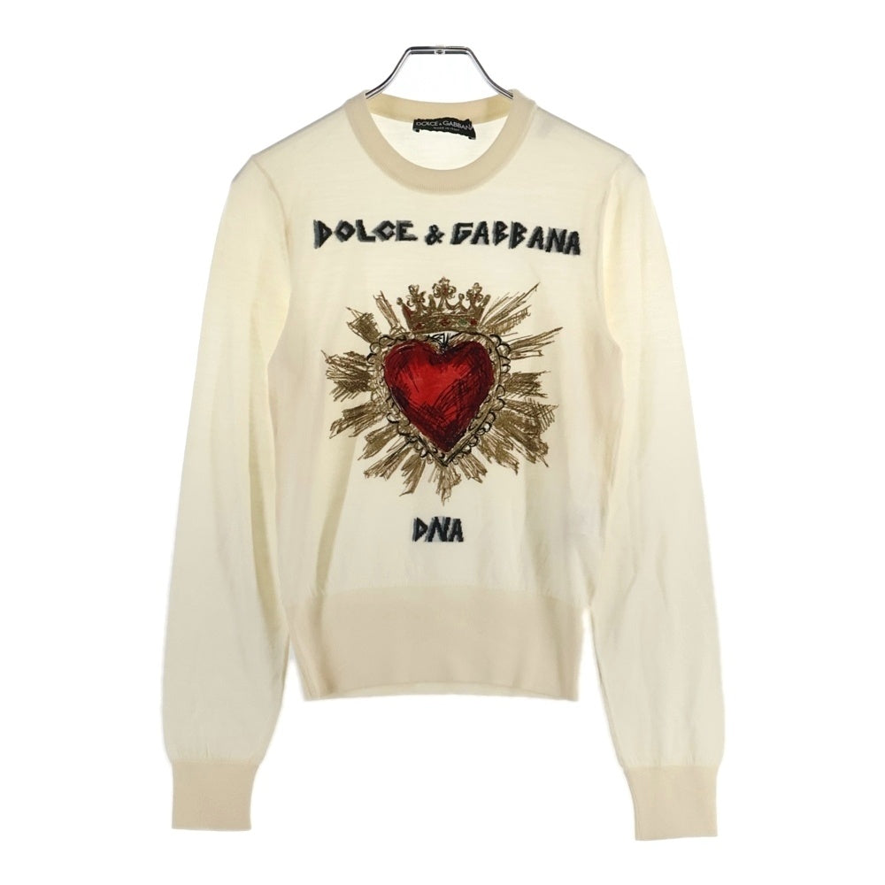 DOLCE & GABBANA(ドルチェアンドガッバーナ) カシミヤシルク混 ハート刺繍 クルーネックニット 薄手セーター アイボリー レディース FX205Z/JAW4R