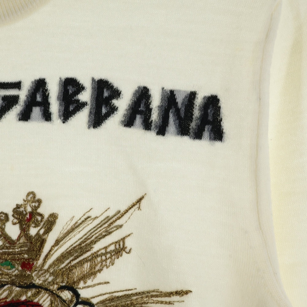 DOLCE & GABBANA(ドルチェアンドガッバーナ) カシミヤシルク混 ハート刺繍 クルーネックニット 薄手セーター アイボリー レディース FX205Z/JAW4R