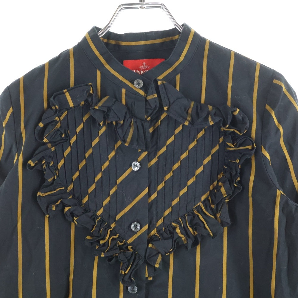 Vivienne Westwood Red Label(ヴィヴィアンウエストウッドレッドレーベル) フロントハートフリル装飾 ストライプバンドカラー長袖シャツ レディース ブラック 16-12-812011