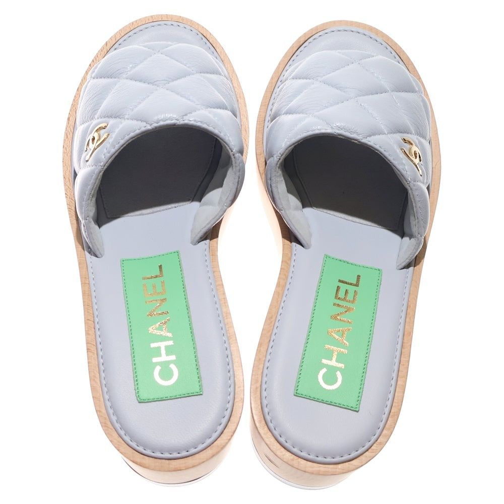 CHANEL(シャネル) キルティング ウッドソール ココマーク ヒールサンダル ブルー G38555