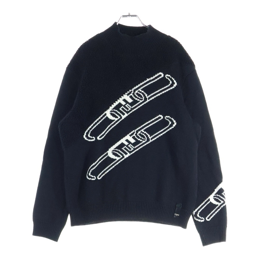FENDI(フェンディ) モックネック ボア切り返し フロントデザイン ニット セーター ブラック FZX073 AL3S