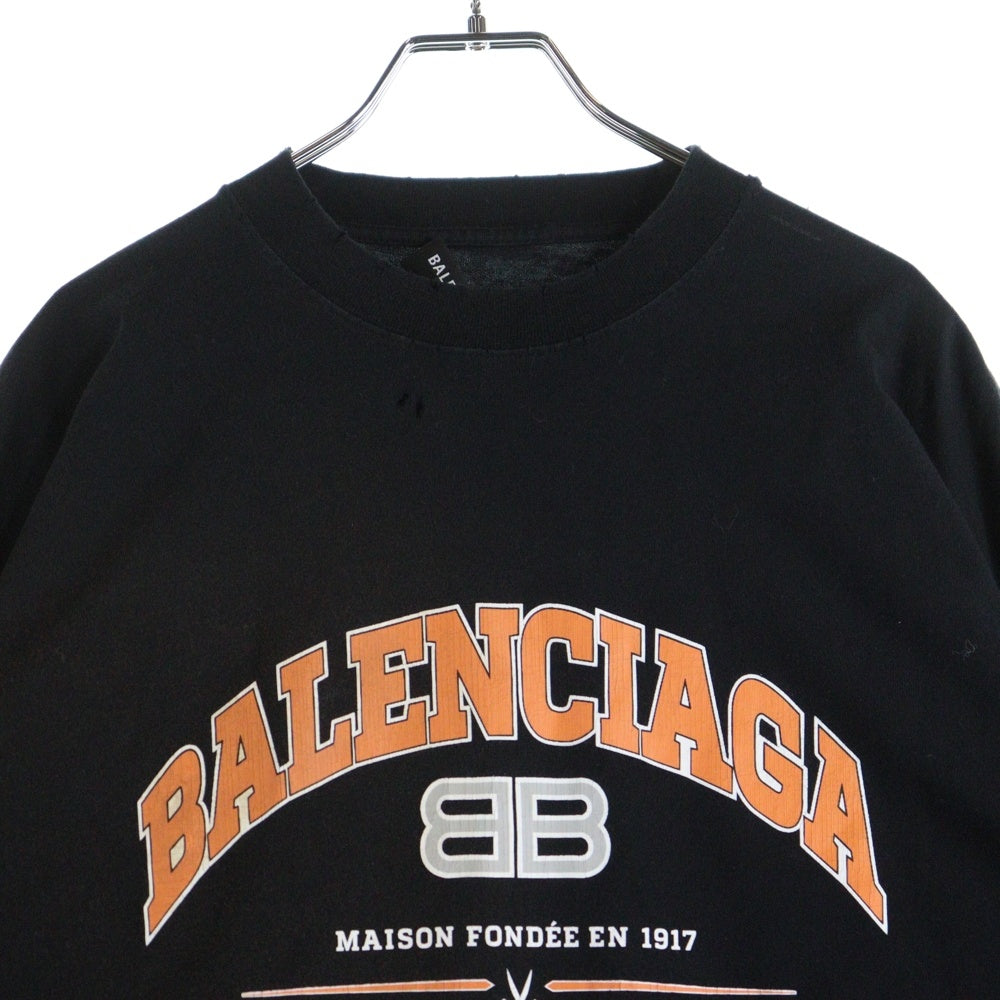 BALENCIAGA(バレンシアガ) 22SS アーチロゴ ユーズド加工 長袖 クルーネック Tシャツ ロンT ブラック 681046 TLVJ1