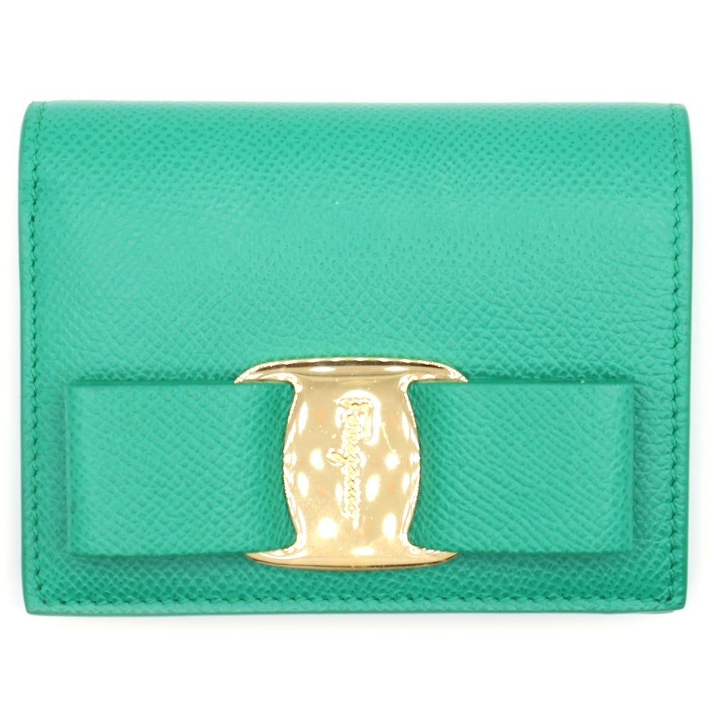 FERRAGAMO(フェラガモ) ヴァラリボン 二つ折り レザー コンパクトウォレット 財布 グリーン JL-22 D515