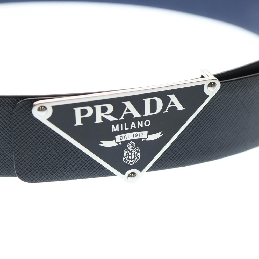 PRADA(プラダ) サフィアーノレザー トライアングルロゴプレート バックル リバーシブルベルト ブラック/ネイビー