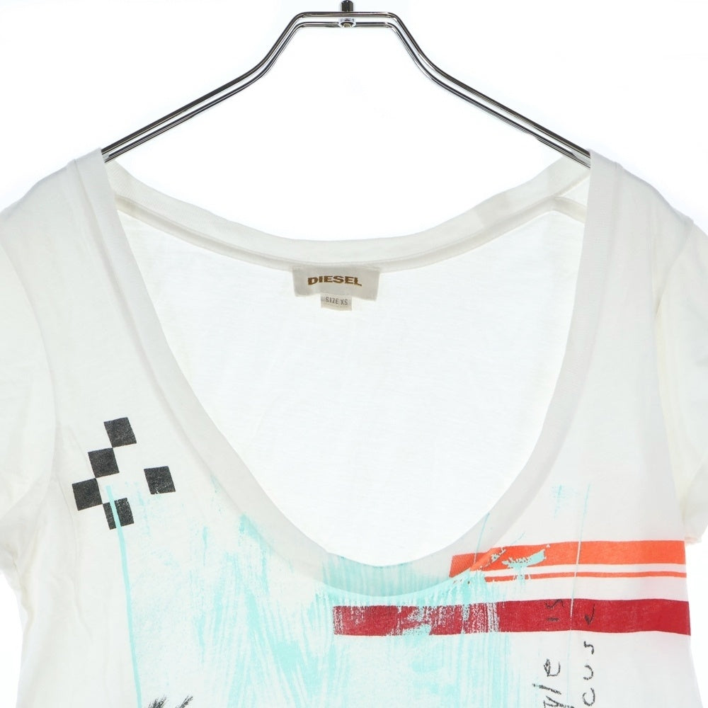 DIESEL(ディーゼル) ワイド Uネック フロントプリント 半袖Tシャツ カットソー ホワイト レディース