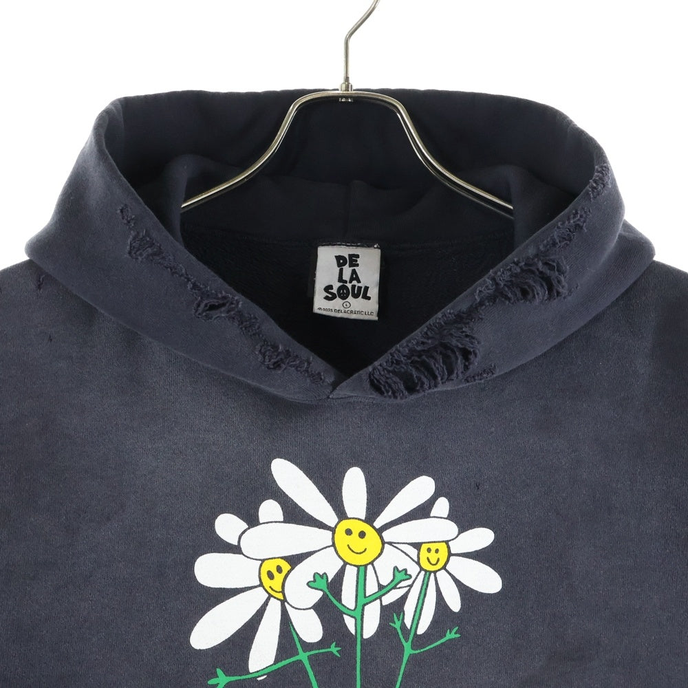 SAINT MICHAEL(セントマイケル) 25AW×DE LA SOUL DLS_HOODIE デラソウル ダメージ加工スウェットプルオーバーパーカー ブラック SM-HR1-0000-C19