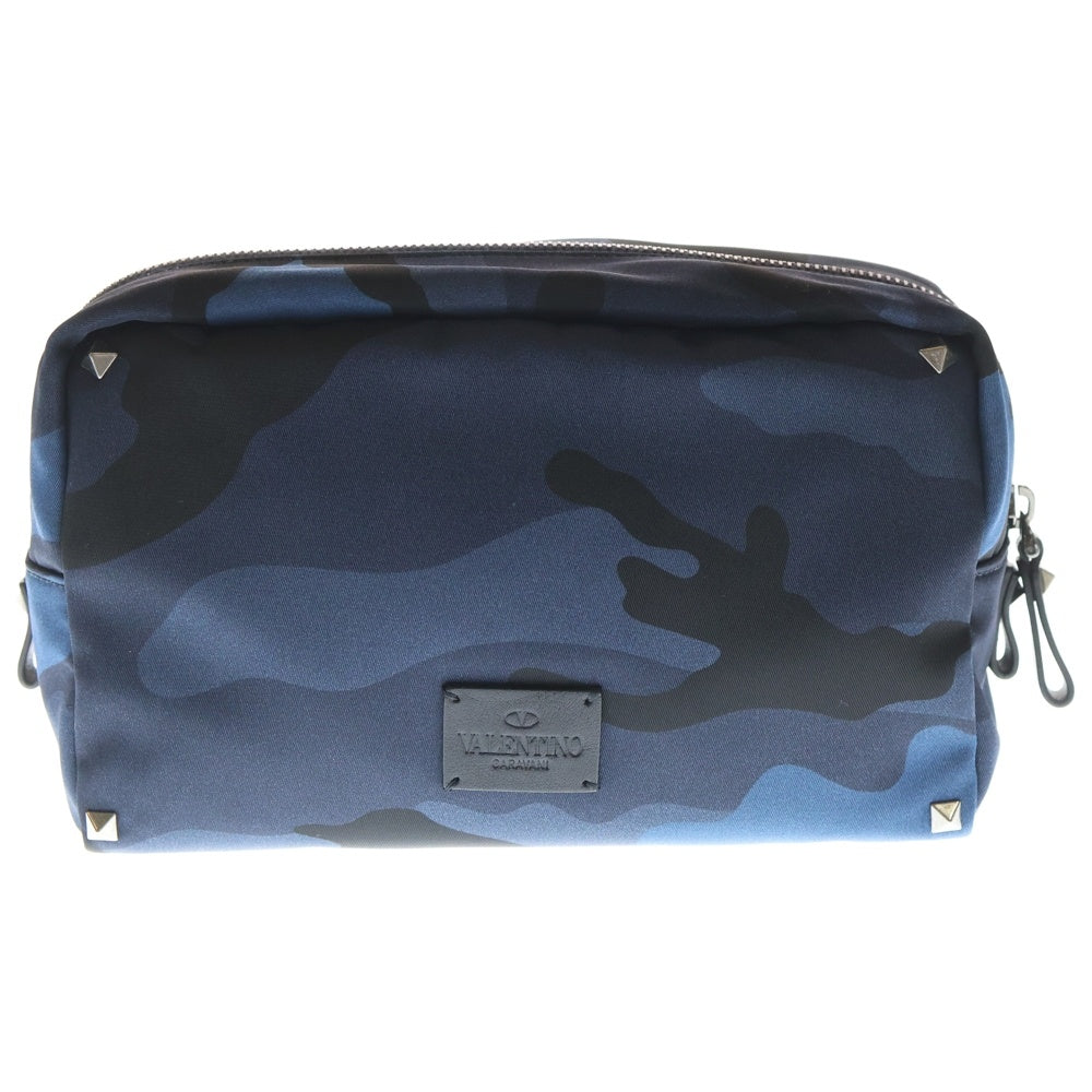 VALENTINO(ヴァレンティノ) レザーロゴパッチ カモ柄 ナイロン ポーチ ブルー レディース