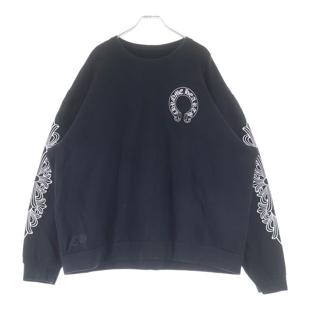 CHROME HEARTS(クロムハーツ) Horseshoe Crewneck Sweatshirt ホースシュープリント 袖フローラル クルーネックスウェットトレーナー ブラック