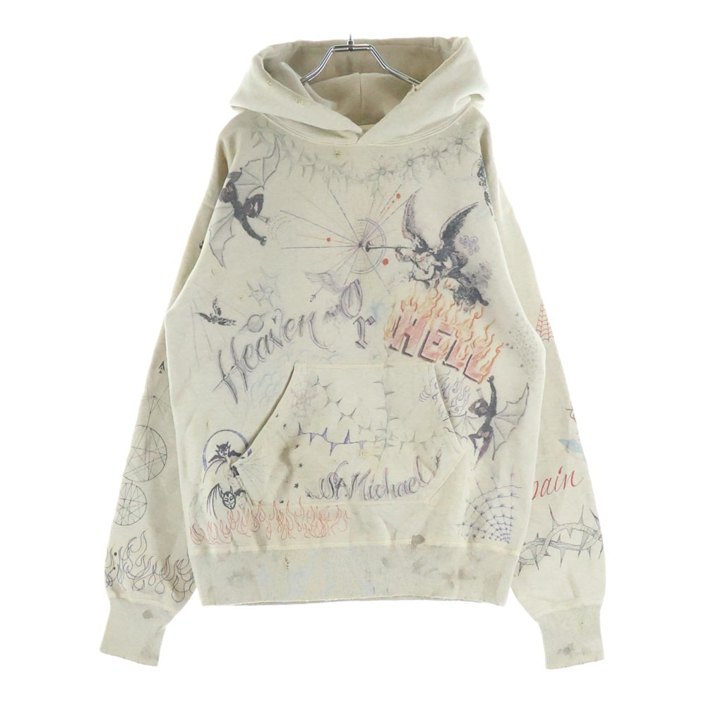 SAINT MICHAEL(セントマイケル) 21AW ×Dr.Woo HOODIE ドクターウー フーディ ペイントデザイン ヴィンテージ加工 プルオーバースウェットパーカー ベージュ SM-A21-0000-056