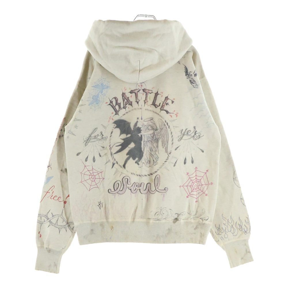 SAINT MICHAEL(セントマイケル) 21AW ×Dr.Woo HOODIE ドクターウー フーディ ペイントデザイン ヴィンテージ加工 プルオーバースウェットパーカー ベージュ SM-A21-0000-056