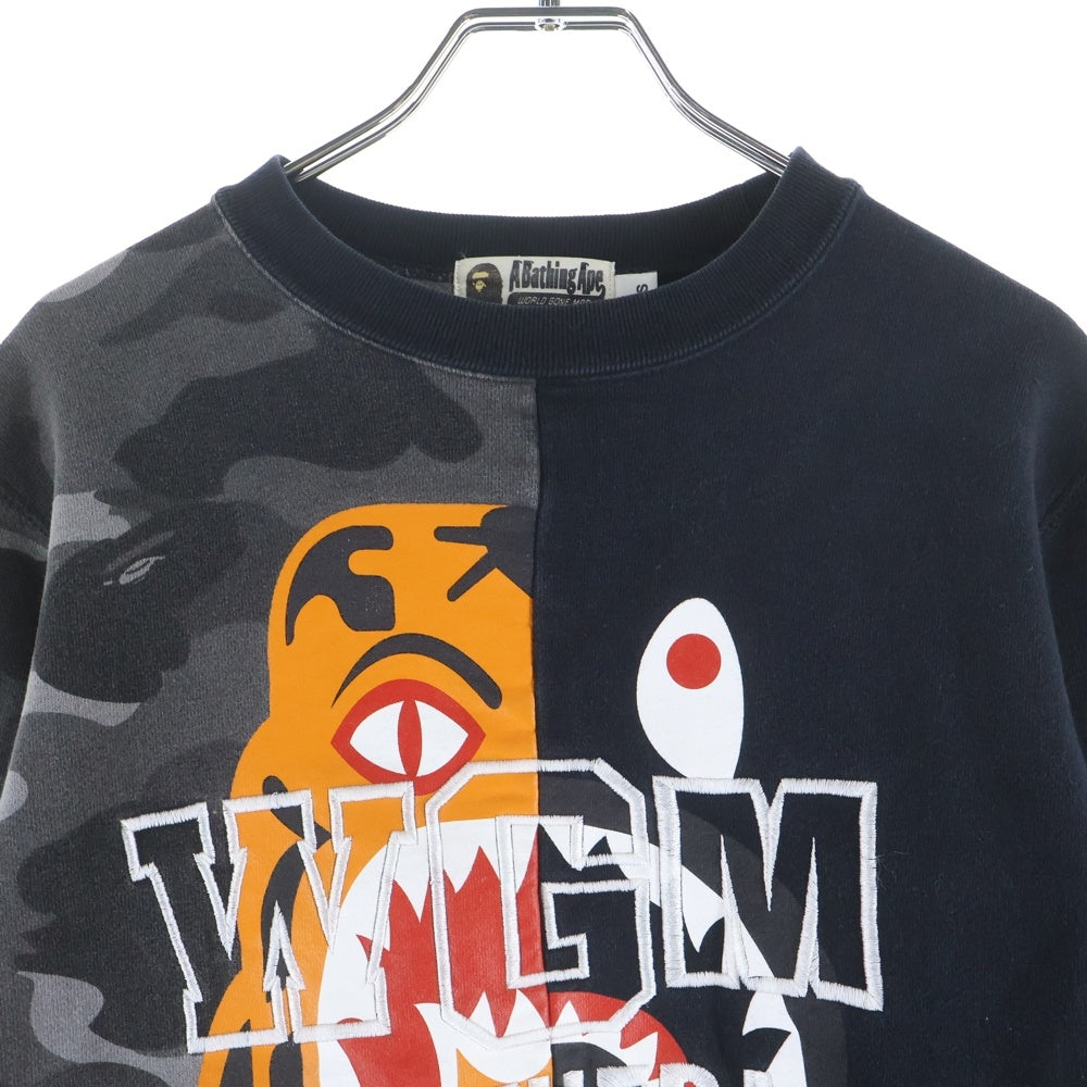 A BATHING APE(アベイシングエイプ) カモ タイガー シャーク プリント フロント刺繍 クルーネック 長袖ッスウェット トレーナー ブラック/グレー