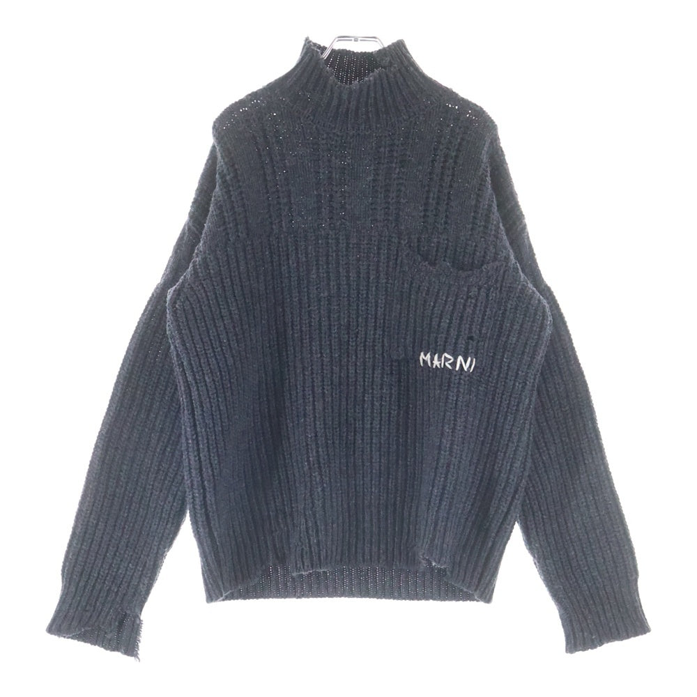 MARNI(マルニ) 23AW Broken Fisherman Turtleneck Knit フィッシャーマン タートルネック 胸ロゴ刺繍 ダメージニットセーター グレー DVMG0054A0
