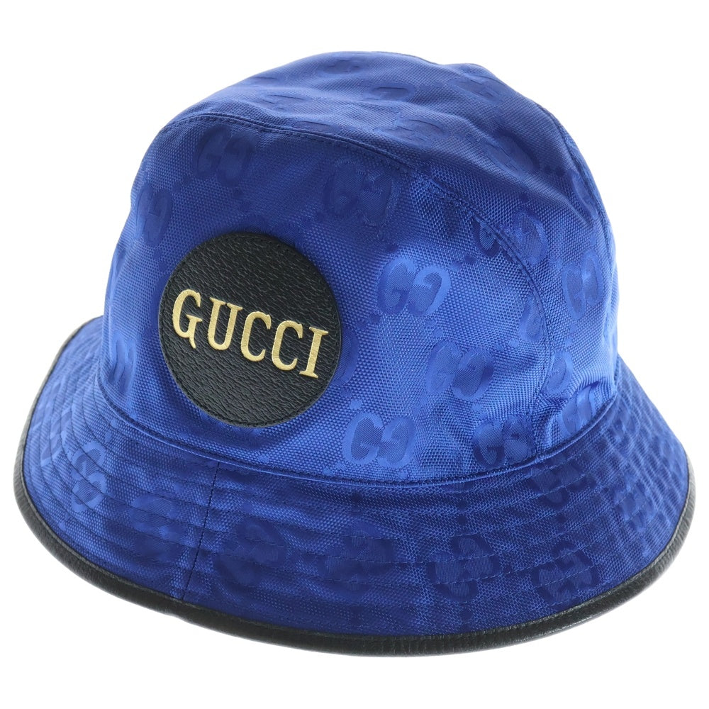 GUCCI(グッチ) オフザグリッド レザーロゴワッペン付き バケットハット ブルー 627115 4HK79