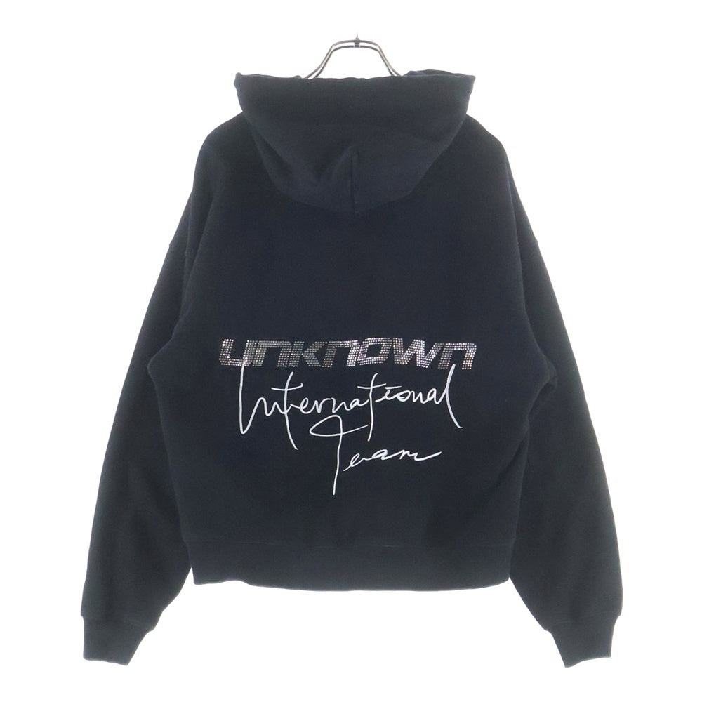 UNKNOWN LONDON(アンノーンロンドン) Signature Rhinestone Hoodie 刺繍デザイン ラインストーン プルオーバーパーカー フーディー ブラック
