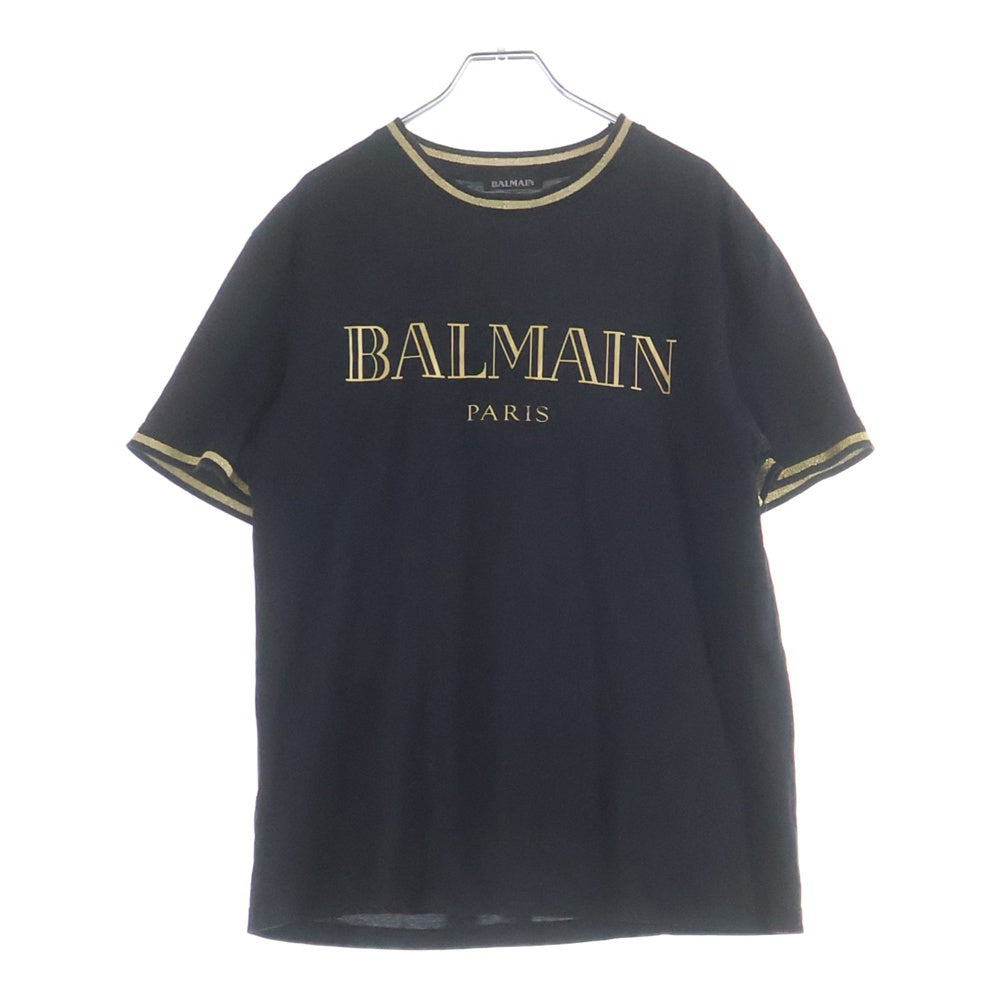 BALMAIN(バルマン) フロントロゴ プリント リブラメライン 半袖 クルーネック Tシャツ ブラック