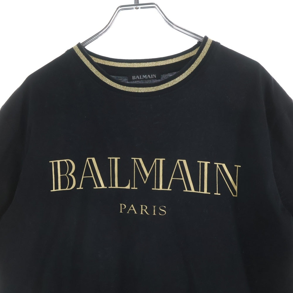 BALMAIN(バルマン) フロントロゴ プリント リブラメライン 半袖 クルーネック Tシャツ ブラック