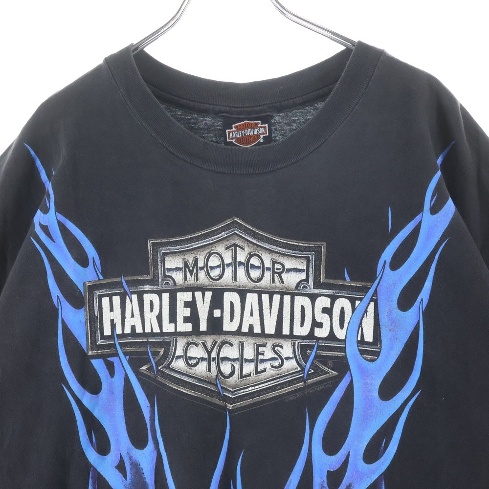 VINTAGE(ヴィンテージ) 90s HARLEY-DAVIDSON ブルーフレイム バーアンドシールド 両面プリント クルーネック 半袖Tシャツ ブラック