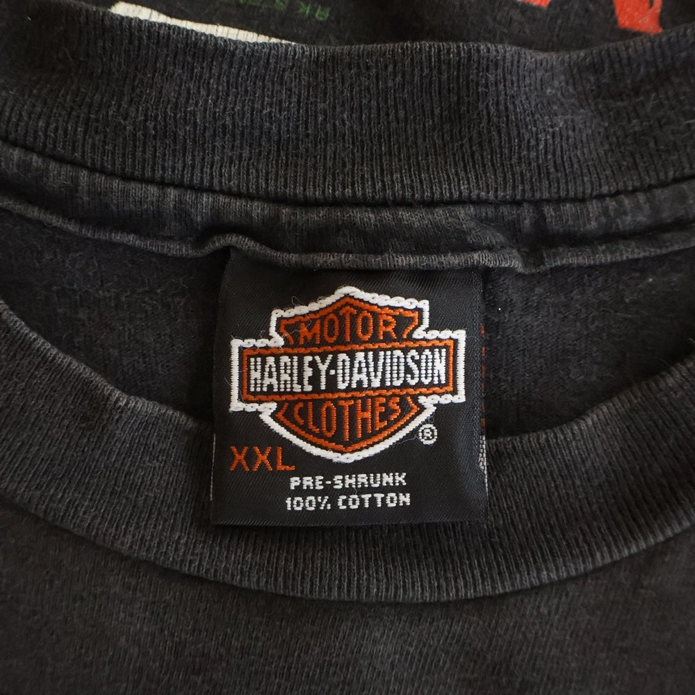 VINTAGE(ヴィンテージ) 90s HARLEY-DAVIDSON ブルーフレイム バーアンドシールド 両面プリント クルーネック 半袖Tシャツ ブラック