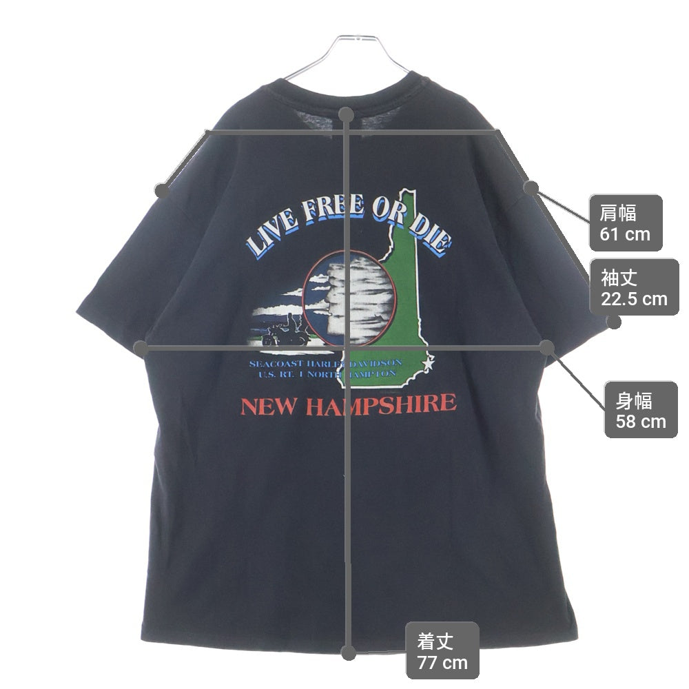 VINTAGE(ヴィンテージ) 90s HARLEY-DAVIDSON ブルーフレイム バーアンドシールド 両面プリント クルーネック 半袖Tシャツ ブラック