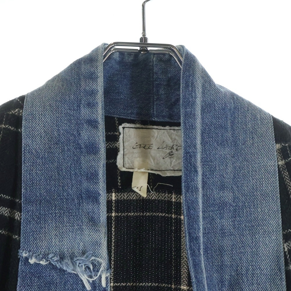 GREG LAUREN(グレッグローレン) BLACK PLAID LONG KIMONO ブラックプレイドロングキモノ チェックロングジャケットコート ブラック/インディゴ
