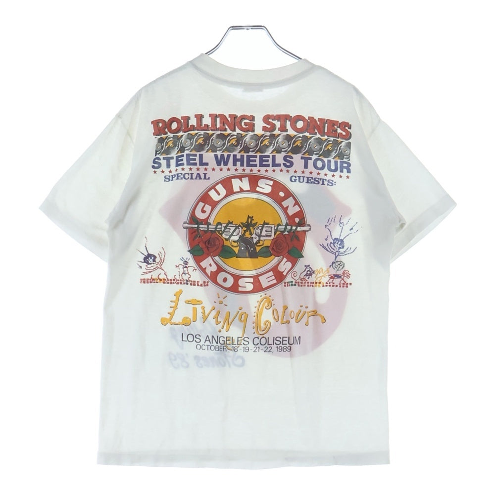 VINTAGE(ヴィンテージ) 80s ROLLING STONES 1989 STEEL WHEELS TOUR WITH GUNS N'ROSES LIVING COLOUR WHITE FITS ローリングストーンズ ガンズ 両面プリント クルーネック 半袖Tシャツ