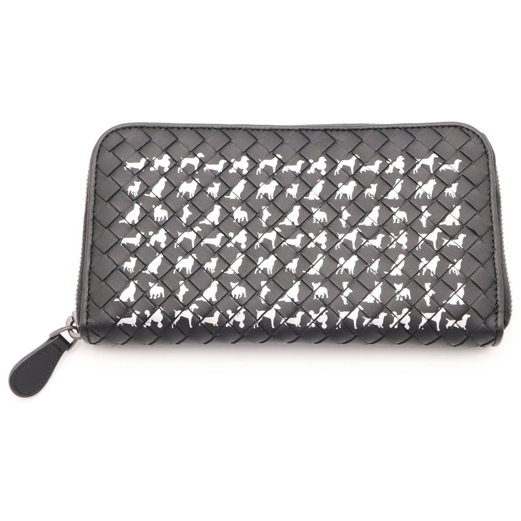 BOTTEGA VENETA(ボッテガヴェネタ) イントレチャート 犬総柄 ラウンドジップ レザーロングウォレット 長財布 ブラック