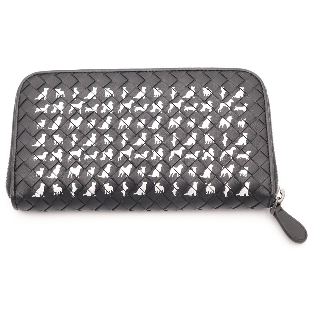 BOTTEGA VENETA(ボッテガヴェネタ) イントレチャート 犬総柄 ラウンドジップ レザーロングウォレット 長財布 ブラック