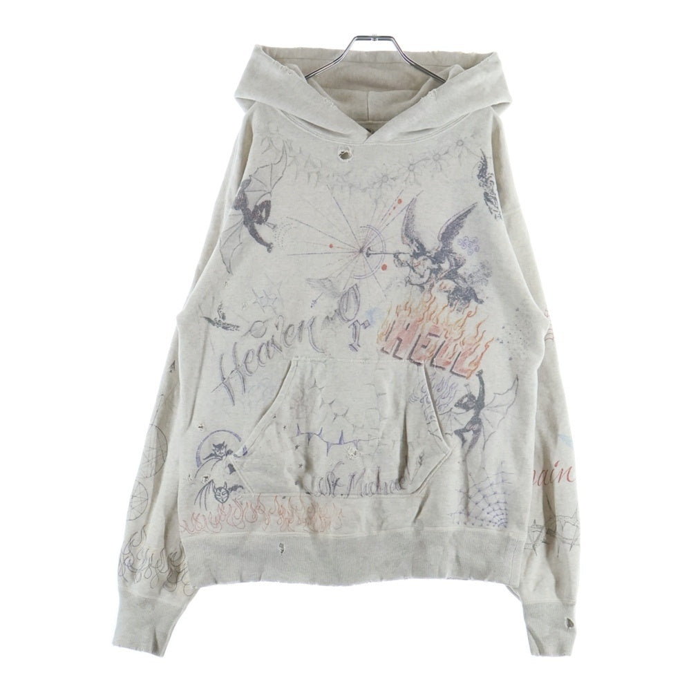 SAINT MICHAEL(セントマイケル) 21AW ×Dr.Woo HOODIE ドクターウー フーディ ペイントデザイン ヴィンテージ加工 プルオーバースウェットパーカー ベージュ SM-A21-0000-056