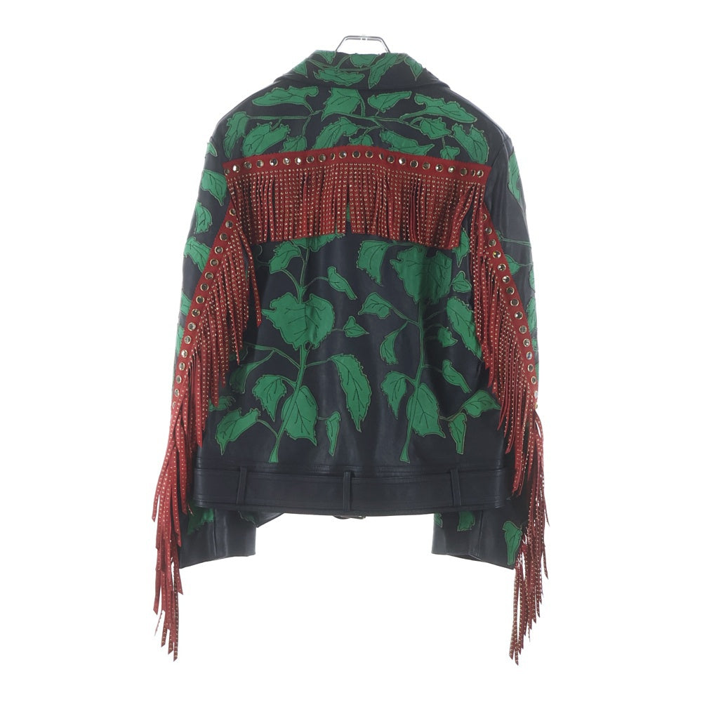 GUCCI(グッチ) リーフパッチ ストーン付き フリンジ ダブルライダースジャケット レザージャケット 463274 XG286 ブラック/グリーン