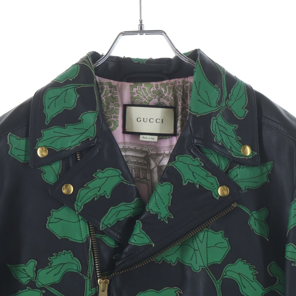 GUCCI(グッチ) リーフパッチ ストーン付き フリンジ ダブルライダースジャケット レザージャケット 463274 XG286 ブラック/グリーン