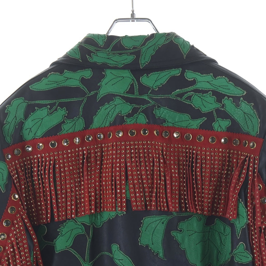 GUCCI(グッチ) リーフパッチ ストーン付き フリンジ ダブルライダースジャケット レザージャケット 463274 XG286 ブラック/グリーン