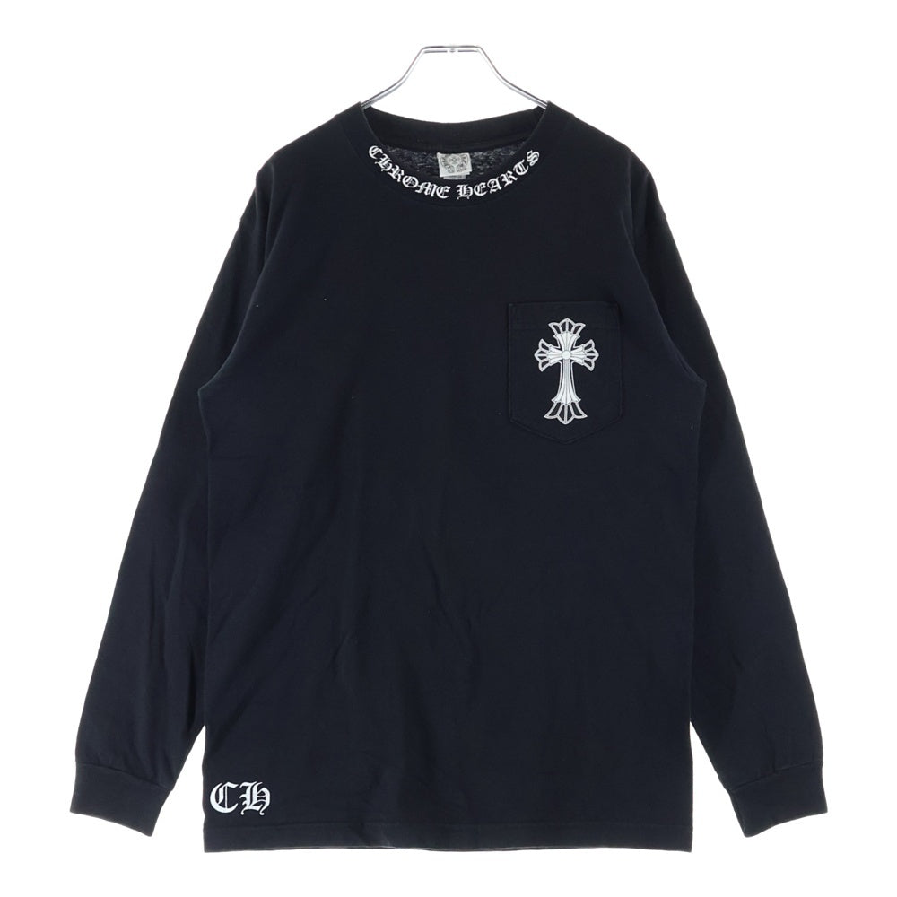 CHROME HEARTS(クロムハーツ) DBL CH CRS L/S TEE ダブルCHクロスプリント ネックロゴプリント クルーネック 長袖Tシャツ ブラック