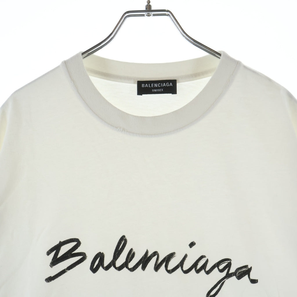 美品 バレンシアガ BALENCIAGA Tシャツ カットソー 半袖 ショートスリーブ ロゴ トップス レディース S ホワイト BALENCIAGA(バレンシアガ) Logo Crewneck Damaged Collar Shortsleeve