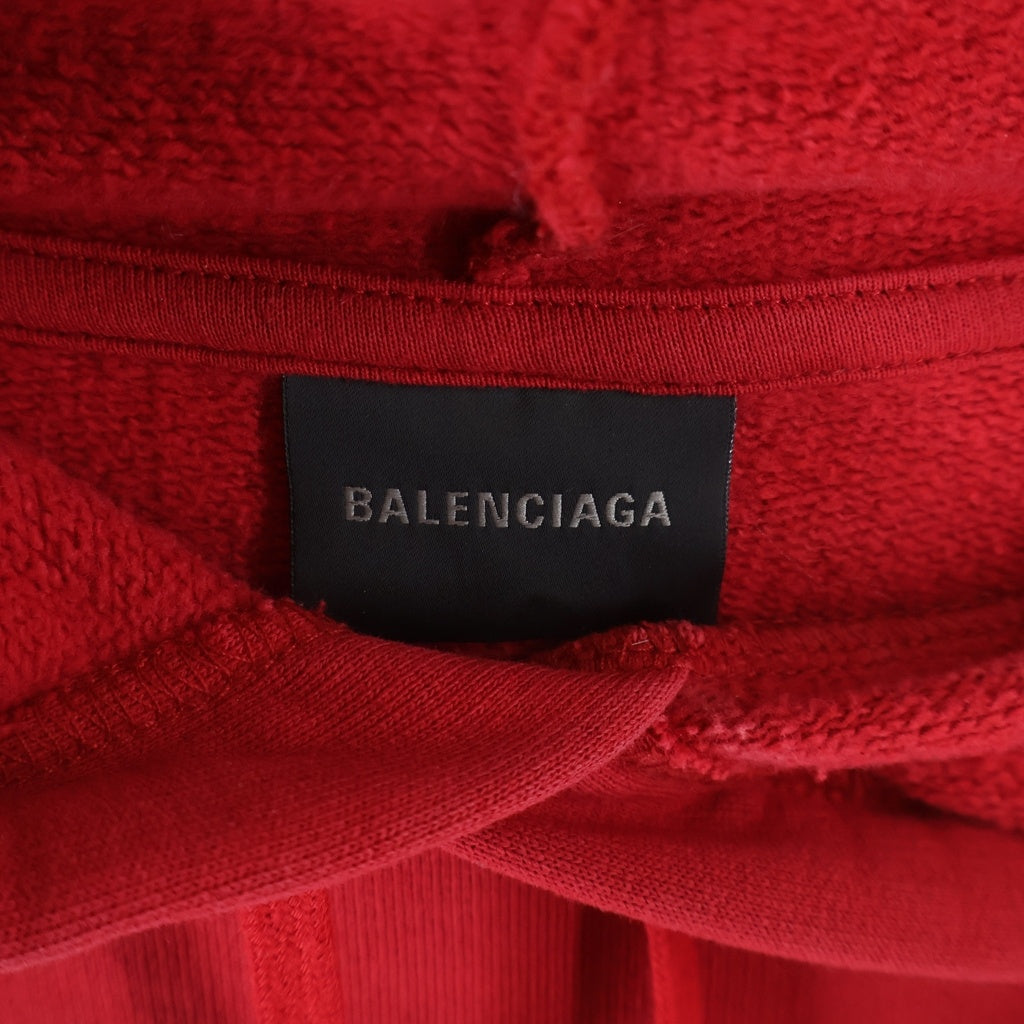 BALENCIAGA(バレンシアガ) Cursive Oversized Hoodie カーシブ オーバーサイズミリタリーフーディー 刺繍ロゴデザイン プルオーバーパーカー レッド E62F 858143 TTVM8