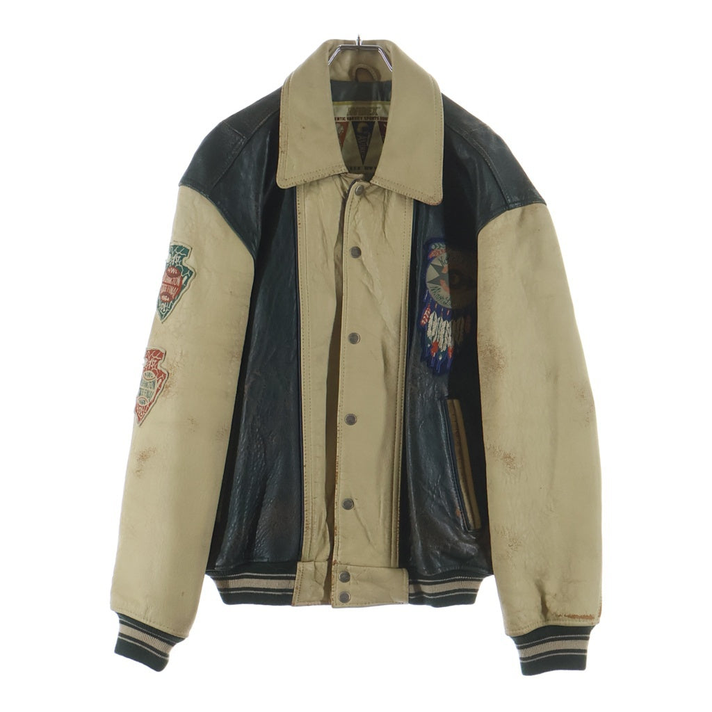 AVIREX(アヴィレックス) 90s Spokane Chief ワッペン付き フルスナップボタン ジップアップブルゾン スタジャン グリーン/ベージュ