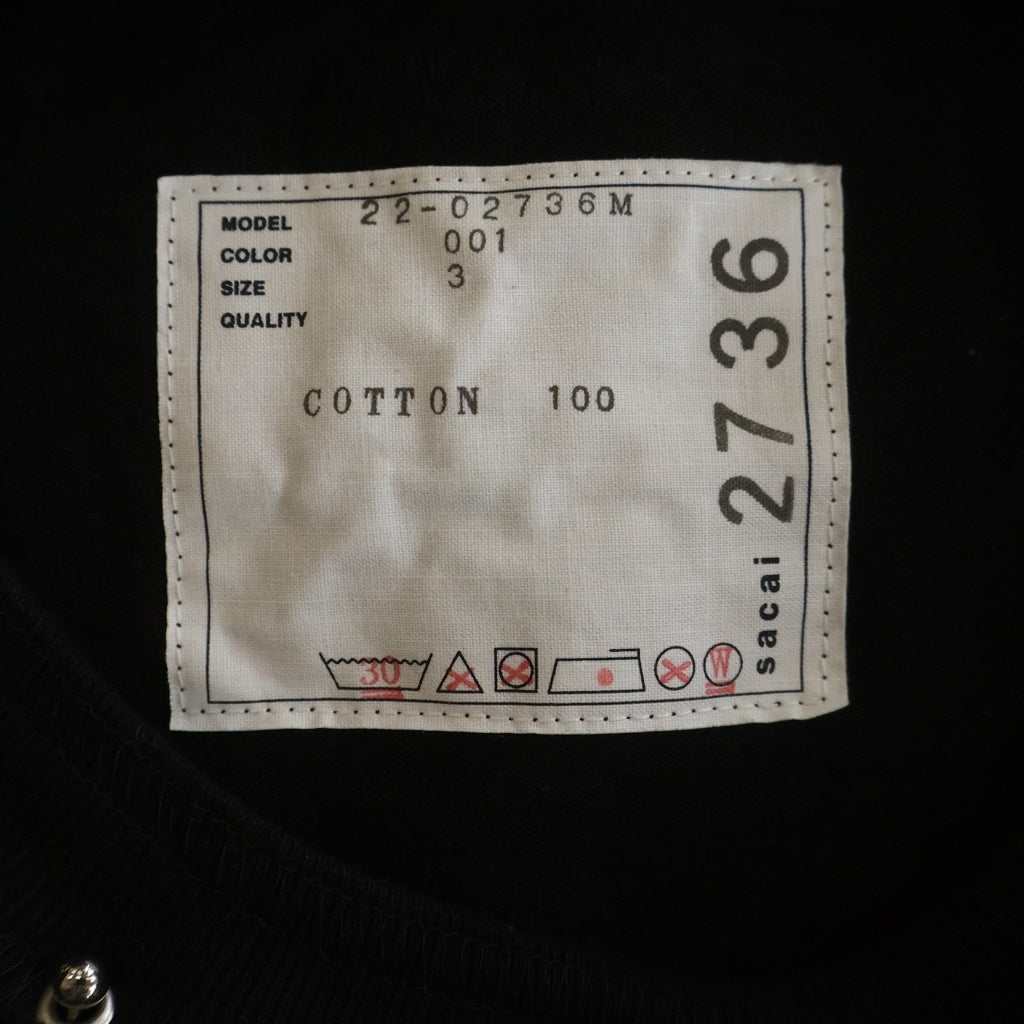 Sacai(サカイ) 22SS ピアス 胸ポケット 半袖 クルーネック Tシャツ ブラック 22-02736M