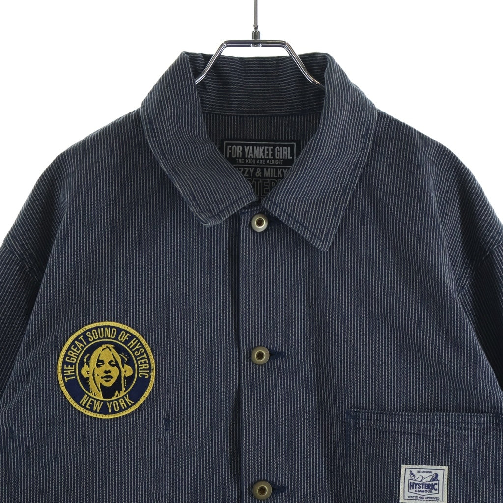 HYSTERIC GLAMOUR(ヒステリックグラマー) HYSTERIC ECHO DREAM刺繍 カバーオールジャケット ストライプ インディゴ 02261AB06