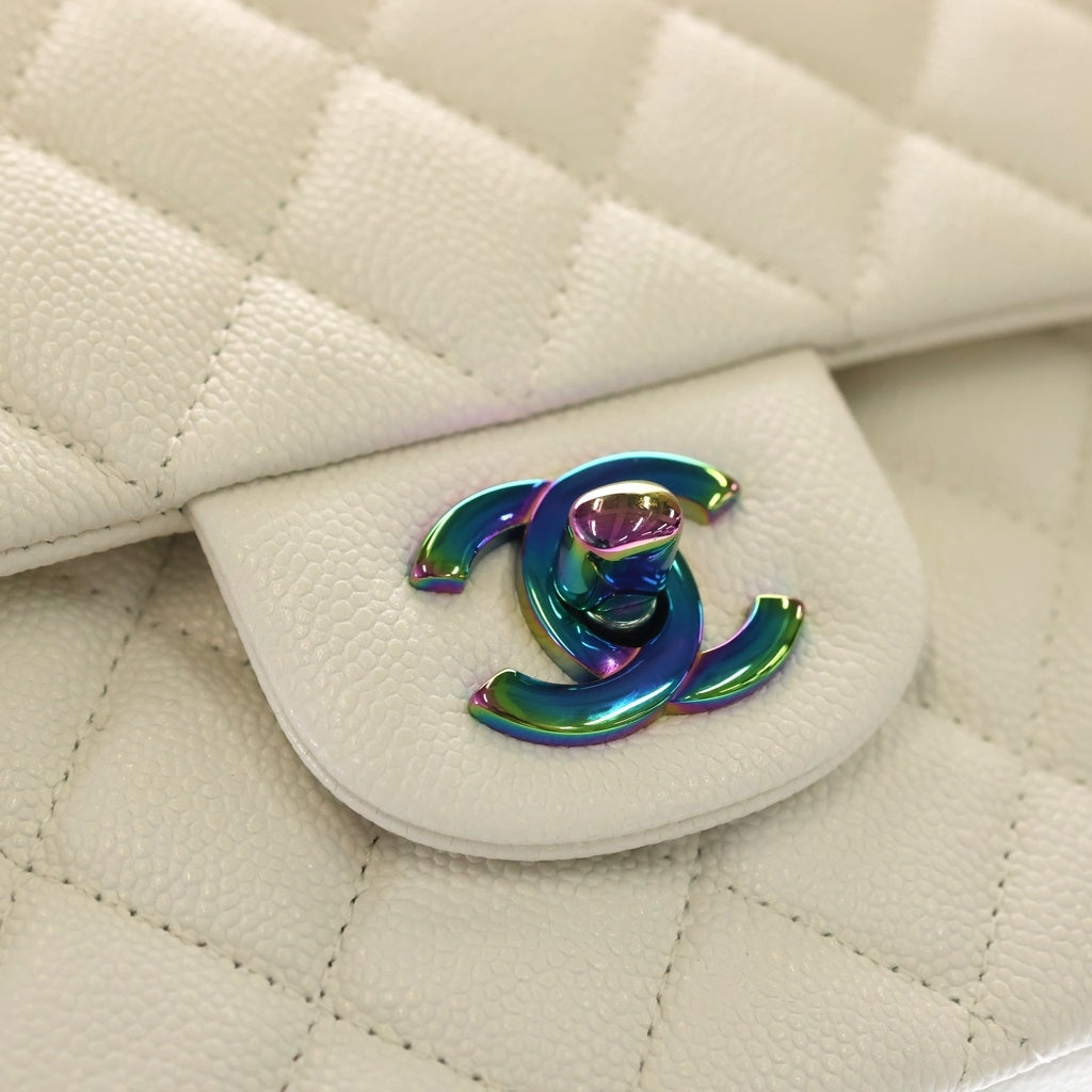 CHANEL(シャネル) マトラッセ25 キャビアスキン ダブルフラップ ダブルチェーンバッグ ホワイト レインボー金具 A01112 レディース