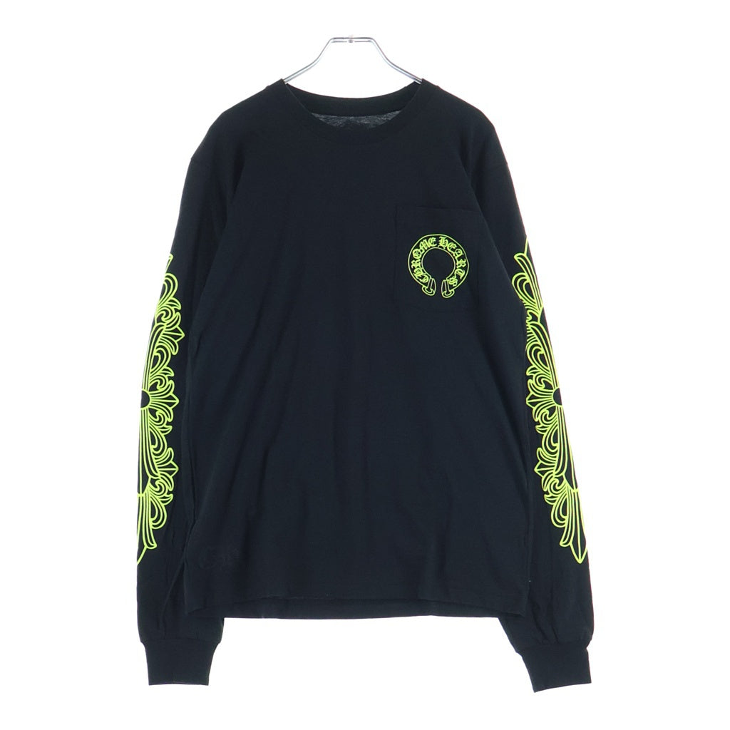 CHROME HEARTS(クロムハーツ) 袖フローラルクロス ホースシュー プリント クルーネック 長袖Tシャツ ブラック/ライトグリーン