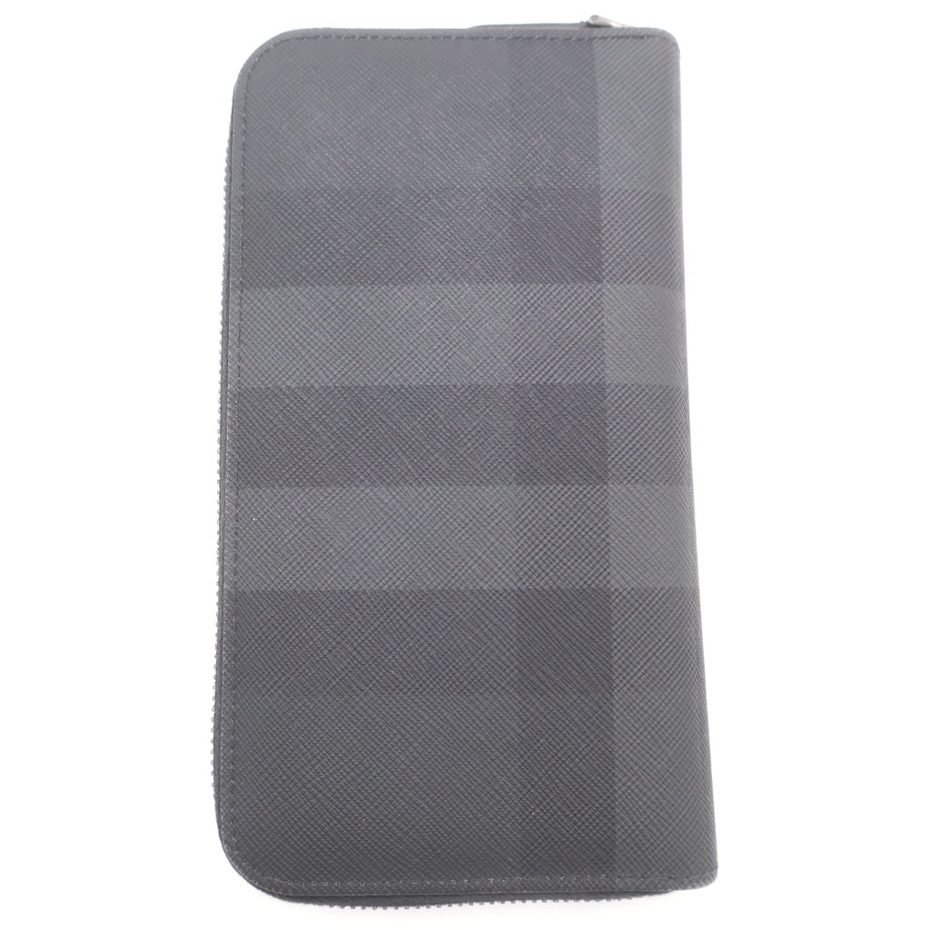 BURBERRY(バーバリー) チェック柄 ロゴ入り ラウンドジップ ウォレット 長財布 グレー 8070254