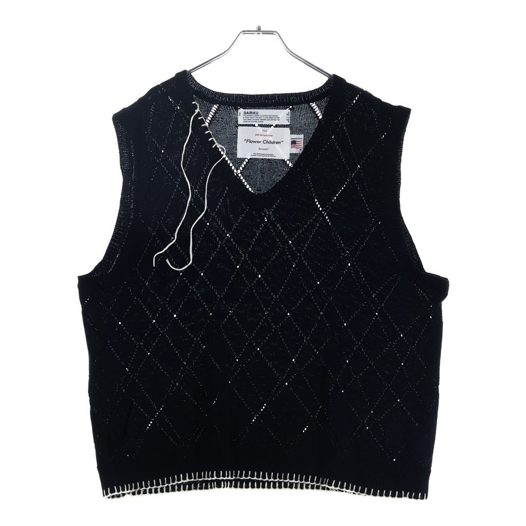 DAIRIKU(ダイリク) 21SS Flower Children Blanket Embroidery Argyle Knit Vest アーガイル ニット ベスト ブラック K-7