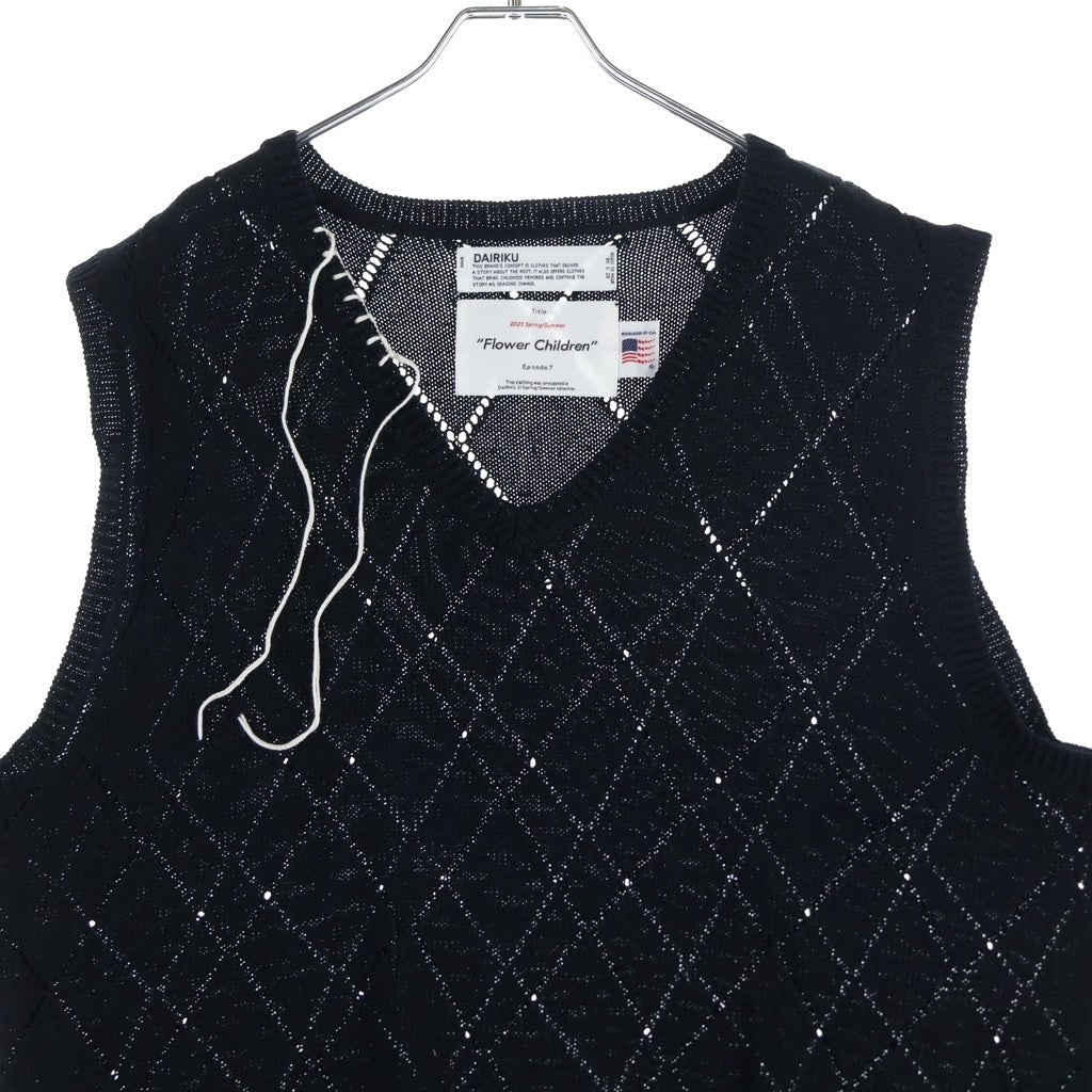 DAIRIKU(ダイリク) 21SS Flower Children Blanket Embroidery Argyle Knit Vest アーガイル ニット ベスト ブラック K-7