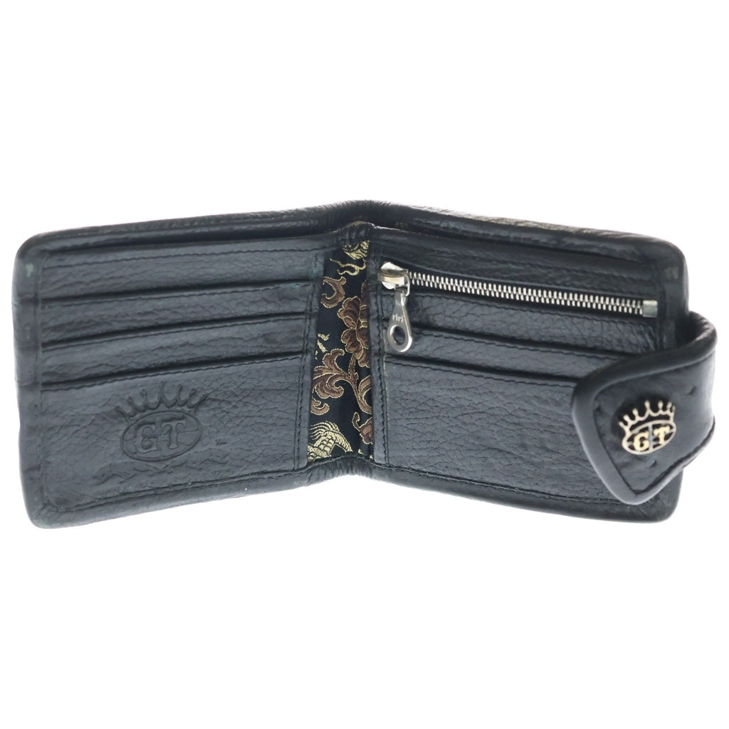 NO BRAND(ノーブランド) GT&COMPANY レザーコンパクトウォレット 二つ折り財布 裏地刺繍デザイン ブラック